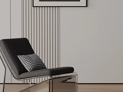 Modern Black Accent Chair With Plaid Pillow Metal Frame And Striped Wall Art 3d model