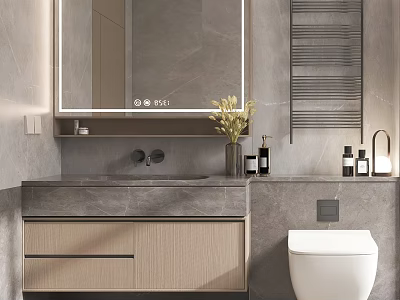 Modern Bathroom Cabinet With Stone Countertop Wooden Design And Backlit Mirror 3d model