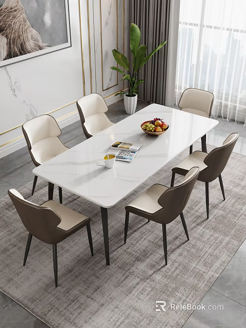 Modern Dining Table Set With Marble Top Six Chairs Fruit Bowl And Magazine In Interior 3d model 
