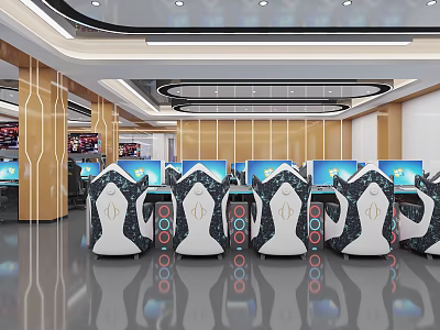 Modern Internet Cafe Interior With Multiple Gaming Computers And Stylish Setup 3d model