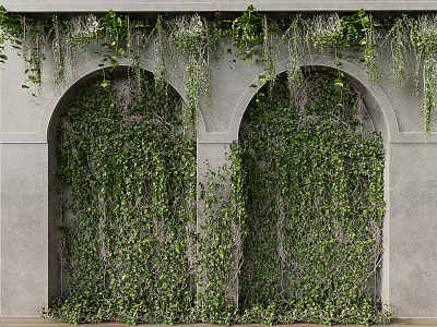 Lush Green Vines Covering Gray Concrete Building Wall And Arches 3d model