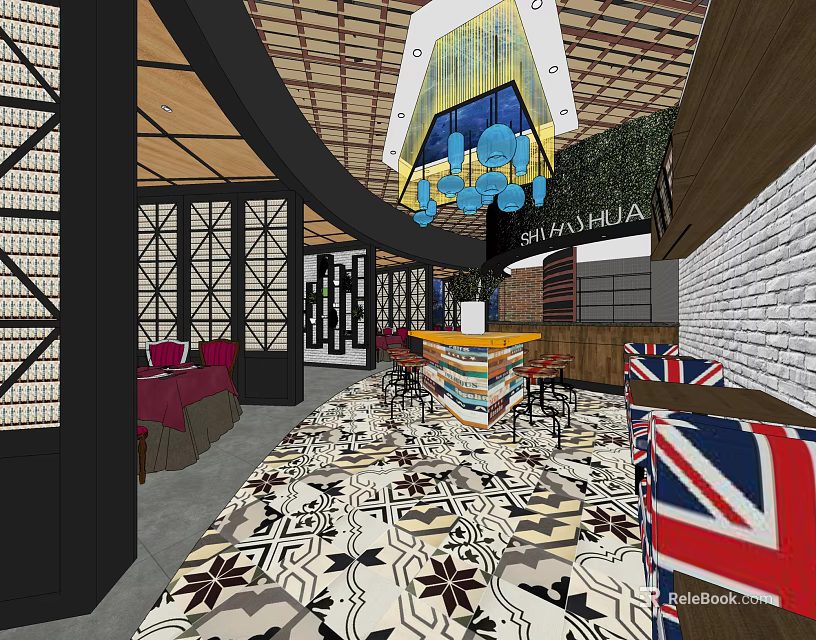 Shuanhuajia Restaurant Open Layout With UK Flag Elements Patterned Carpet And Decorative Chandelier 3d model 