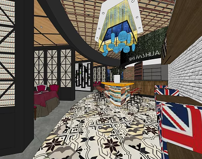 Shuanhuajia Restaurant Open Layout With UK Flag Elements Patterned Carpet And Decorative Chandelier 3d model