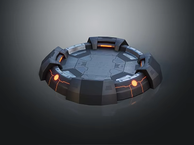 Futuristic Circular Platform 3D Model With Black Gray Structure And Orange Glowing Lines 3d model
