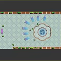 Cartoon Scene With Square Blue Floor Green Plants Orange Borders Circular Decoration And Lounge Chairs