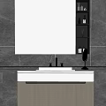 Modern Bathroom Vanity with Mirror Gray Stone Wall and Under Cabinet Lighting