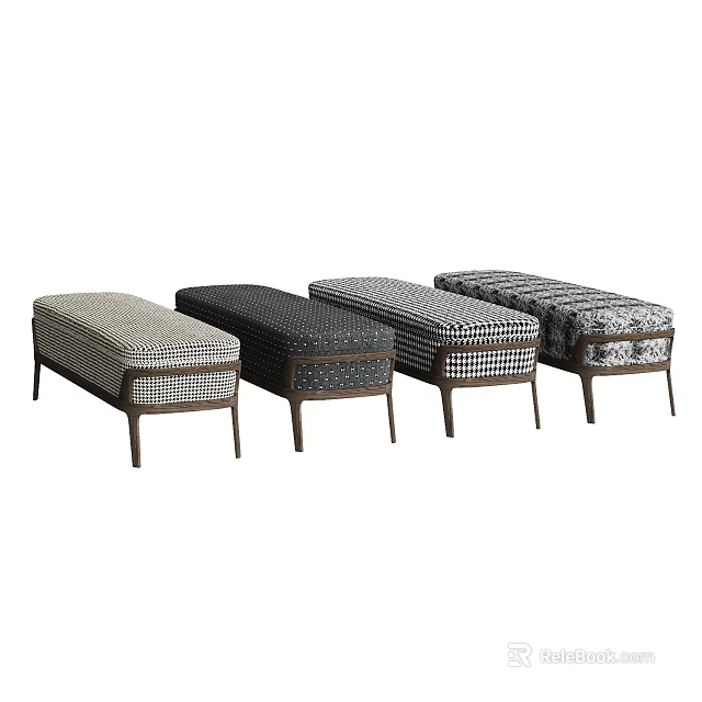 Four Bed Benches With Various Patterned Upholstery And Wooden Legs 3d model 