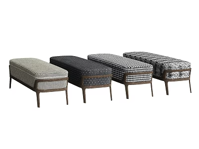 Four Bed Benches With Various Patterned Upholstery And Wooden Legs 3d model