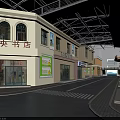 Vibrant Commercial Street with Red Brick Buildings Arched Windows Store Signs and Pedestrians Walking