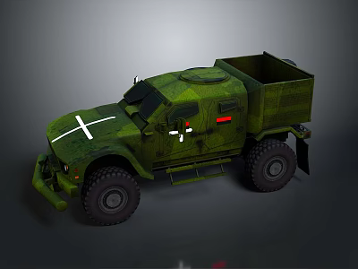 Green Camouflage Military Transport Truck with Large Wheels and Cross Marking 3d model