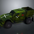Green Camouflage Military Transport Truck with Large Wheels and Cross Marking