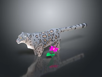 Spotted Snow Leopard Model With Pink Flower And Green Leaves On Dark Background 3d model