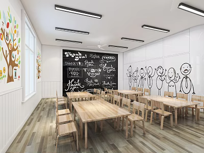 Kindergarten Classroom Interior With Blackboard Children's Drawings Wooden Tables Chairs White Walls Windows Ceiling Lights 3d model