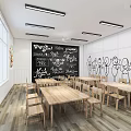 Kindergarten Classroom Interior With Blackboard Children's Drawings Wooden Tables Chairs White Walls Windows Ceiling Lights