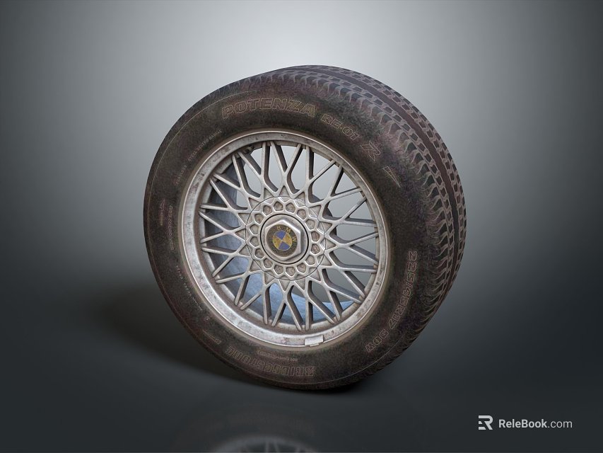 Automotive Tire with Wheel Rim Detailed Spoke Design and Tread Pattern on Gray Background 3d model 