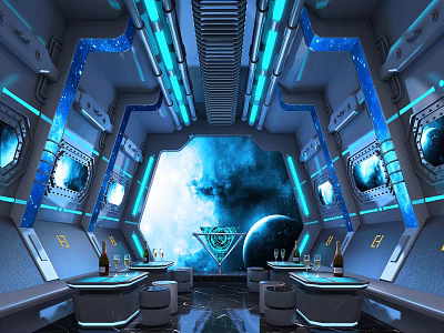 Futuristic Space Themed KTV Room With Blue Lighting Starry Backdrop Circular Windows And Bar Counters 3d model
