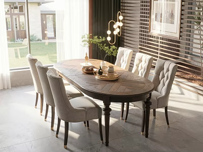 Elegant Oval Wooden Dining Table Set with Light Tufted Chairs and Pendant Light 3d model