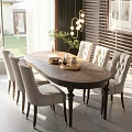 Elegant Oval Wooden Dining Table Set with Light Tufted Chairs and Pendant Light