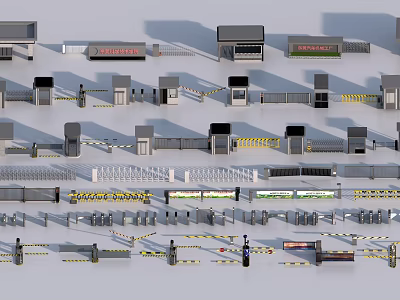 Various Access Control Barriers And Gates With Parking Booths And Signage 3d model