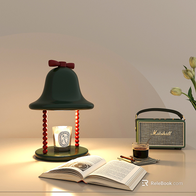 Green Table Lamp With Red Bow And Bead Decorations Near Vintage Radio Coffee And Book 3d model 