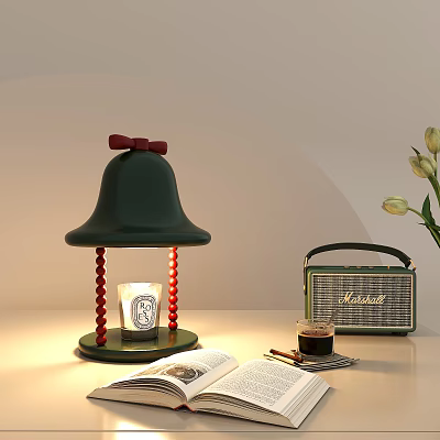 Green Table Lamp With Red Bow And Bead Decorations Near Vintage Radio Coffee And Book 3d model