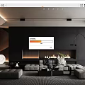 Contemporary Living Room Interior With Dark Wall Fireplace Sofa And Area Rug