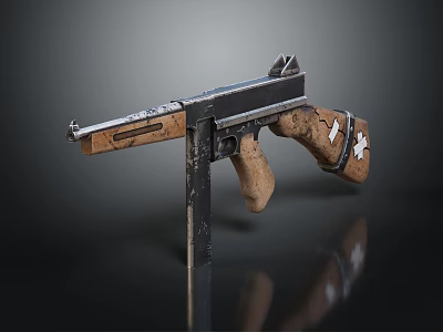 Vintage Submachine Gun With Wooden Grip Metal Body And White Cross Decoration On Dark Background 3d model
