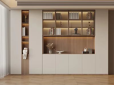 Modern Bookshelf Interior Design With White Cabinets Books Decorations And Wooden Tones 3d model