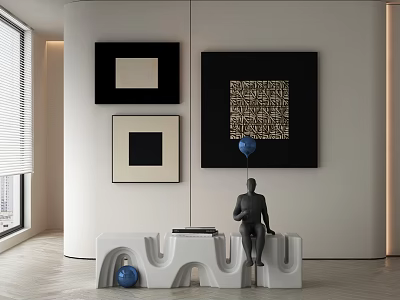 Modern Interior With Abstract Wall Art White Irregular Bench Black Sculpture And Blue Decor 3d model
