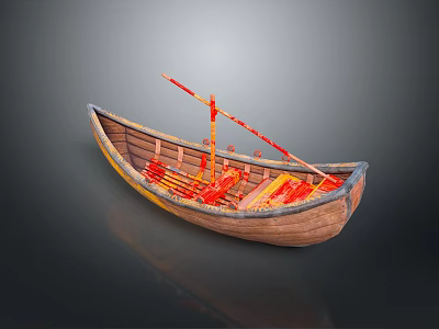 Traditional Wooden Boat With Red Decorations And Long Oar On Gray Background 3d model