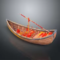 Traditional Wooden Boat With Red Decorations And Long Oar On Gray Background