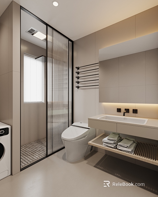 Modern Bathroom Interior With Glass Door Shower Toilet Vanity Sink And Towel Rack 3d model 