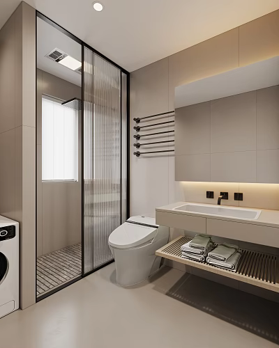 Modern Bathroom Interior With Glass Door Shower Toilet Vanity Sink And Towel Rack 3d model