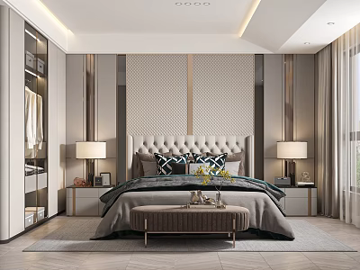 Elegant Modern Bedroom Interior With Upholstered Headboard Nightstands Table Lamps And Area Rug 3d model