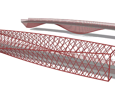 Modern Landscape Bridge With Red Lattice Structure And Wavy Architectural Design 3d model