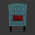 Blue Tufted Armchair With Studded Edges Red Polka Dot Pillow For Living Room