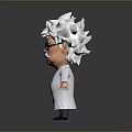 Man In Cartoon Style With White Spiky Hair Glasses Mustache White Lab Coat Arms Outstretched