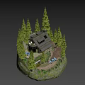 Wooden Mountain Cabin With Deck Blue Sports Car And Pine Tree Surroundings