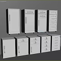 White Storage Lockers With Various Styles Including Doors And Drawers Arranged In Two Rows