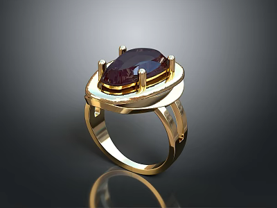 Elegant Gold Ring With Dark Oval Gemstone On Shiny Metal Band 3d model