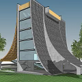 Modern Cultural Center Building Curved Design With Glass Curtain Walls Gray Stone And Wooden Accents