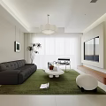 Modern Living Room Interior With Gray Sofa Green Rug And White Coffee Table
