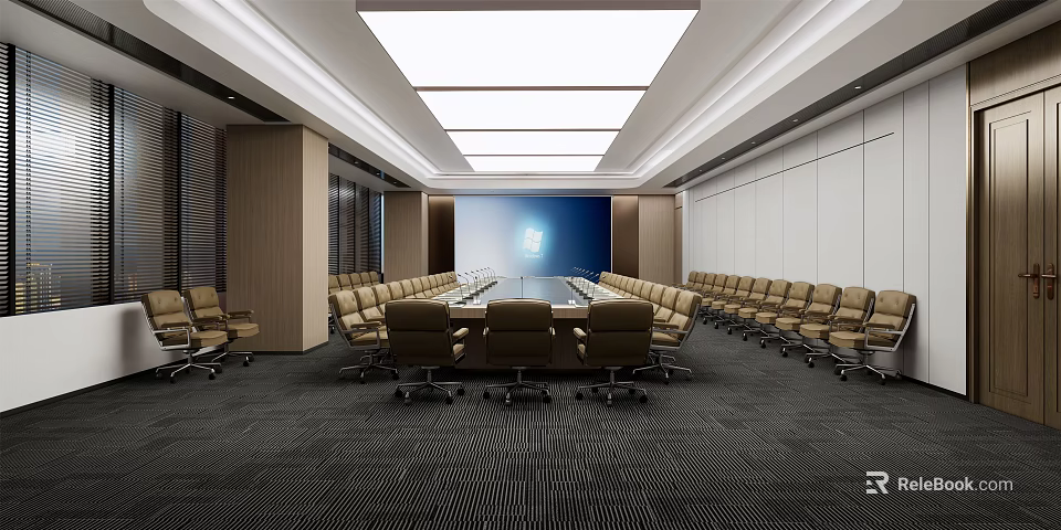 Modern Conference Room Interior Design With Long Table Leather Chairs And Large Projection Screen 3d model