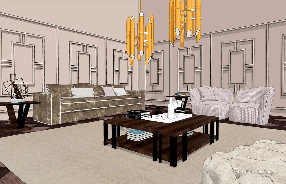 Modern Living Room Sofa and Coffee Table Set With Yellow Chandelier and Decorative Wall Panels 3d model 