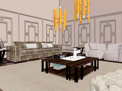 Modern Living Room Sofa and Coffee Table Set With Yellow Chandelier and Decorative Wall Panels 3d model