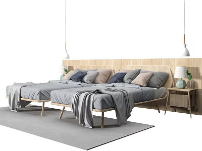 Minimalist Double Bed with Wooden Headboard Colorful Pillows Gray Blanket Nightstand Lamp and Hanging Lights 3d model