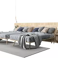 Minimalist Double Bed with Wooden Headboard Colorful Pillows Gray Blanket Nightstand Lamp and Hanging Lights