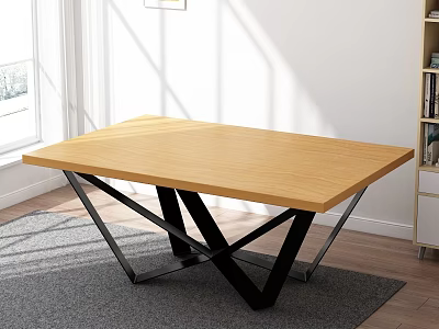 Modern Coffee Table With Wooden Top And Black Metal Crossed Legs In Bright Room 3d model