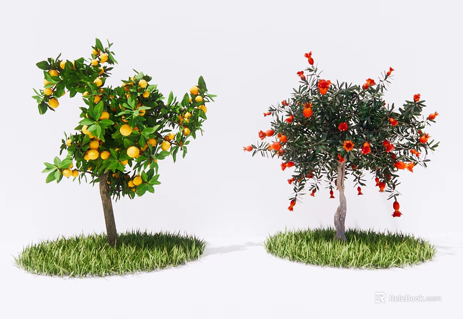 Two Ornamental Trees With Yellow Fruits Red Flowers And Green Grass Base 3d model 