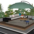 Cozy Courtyard Garden With Green Umbrella Sofa Wooden Deck Small Table Stools And Plants